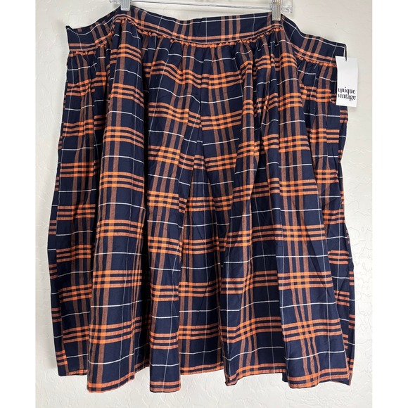 Unique Vintage Dresses & Skirts - Unique Vintage Navy Orange Plaid‎ Cotton Swing Skirt Pockets 5X 2154